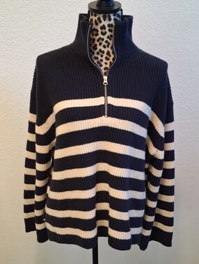 & Other Stories Navy & Cream 30% Wool Quarter-Zip Chunky Oversized Sweater. (M)